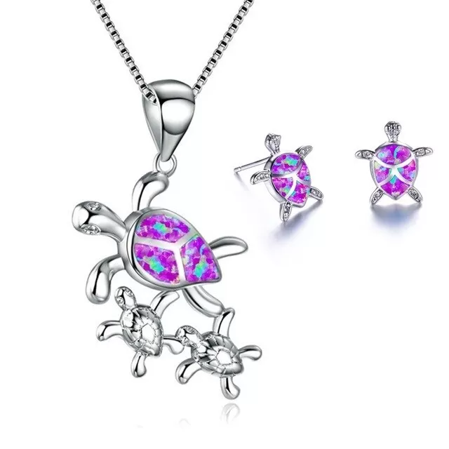 Classic Turtle Fire Opal Necklace & Stud Earrings Trendy Fashion Jewelry Set