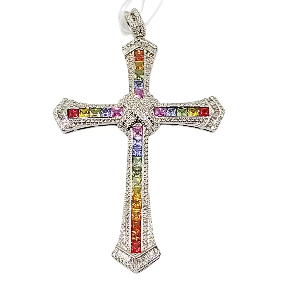 Colorful Diamond Cross Pendant 14K White Gold