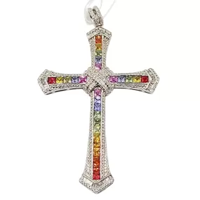 Colorful Diamond Cross Pendant 14K White Gold