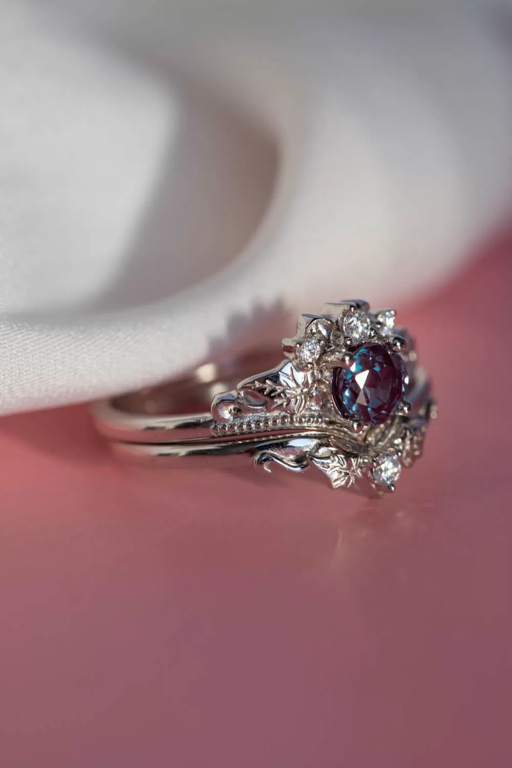 Colour changing alexandrite engagement ring set, fantasy white gold bridal ring set with diamonds  / Ariadne