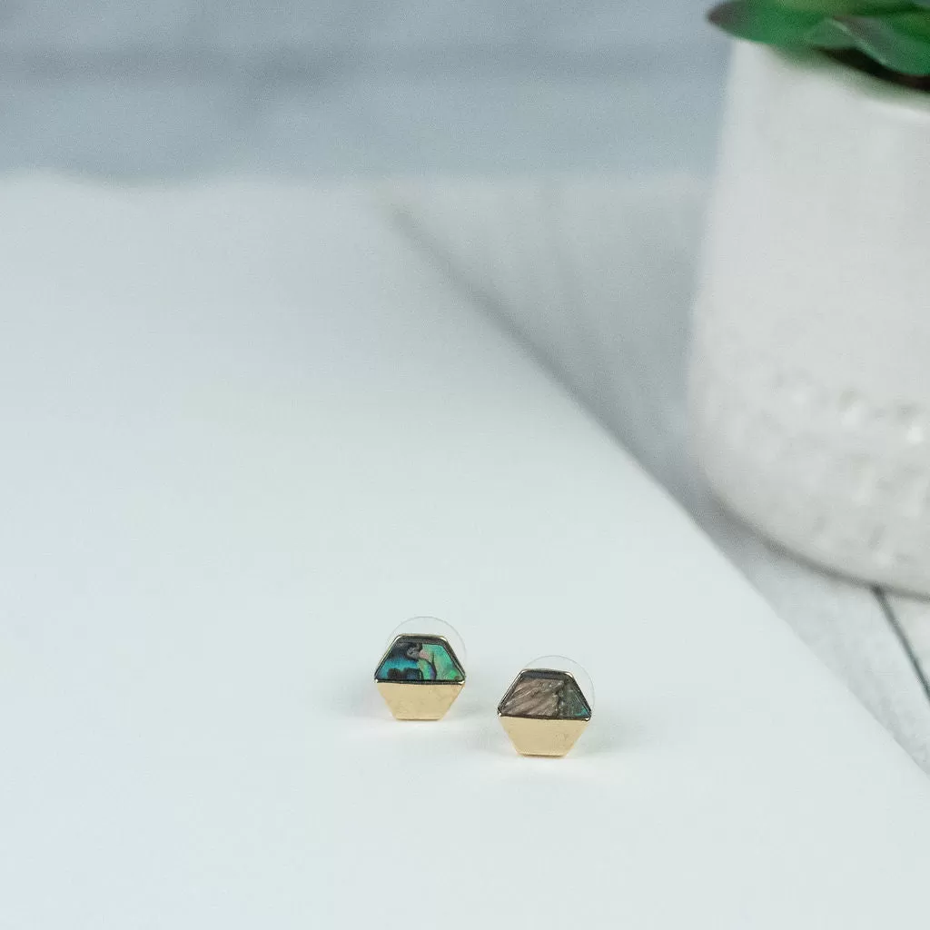 Corinne Abalone Hexagon Stud Earrings