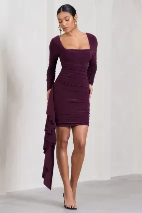 Crimson Cut | Plum Long-Sleeved Ruffled Bodycon Mini Dress