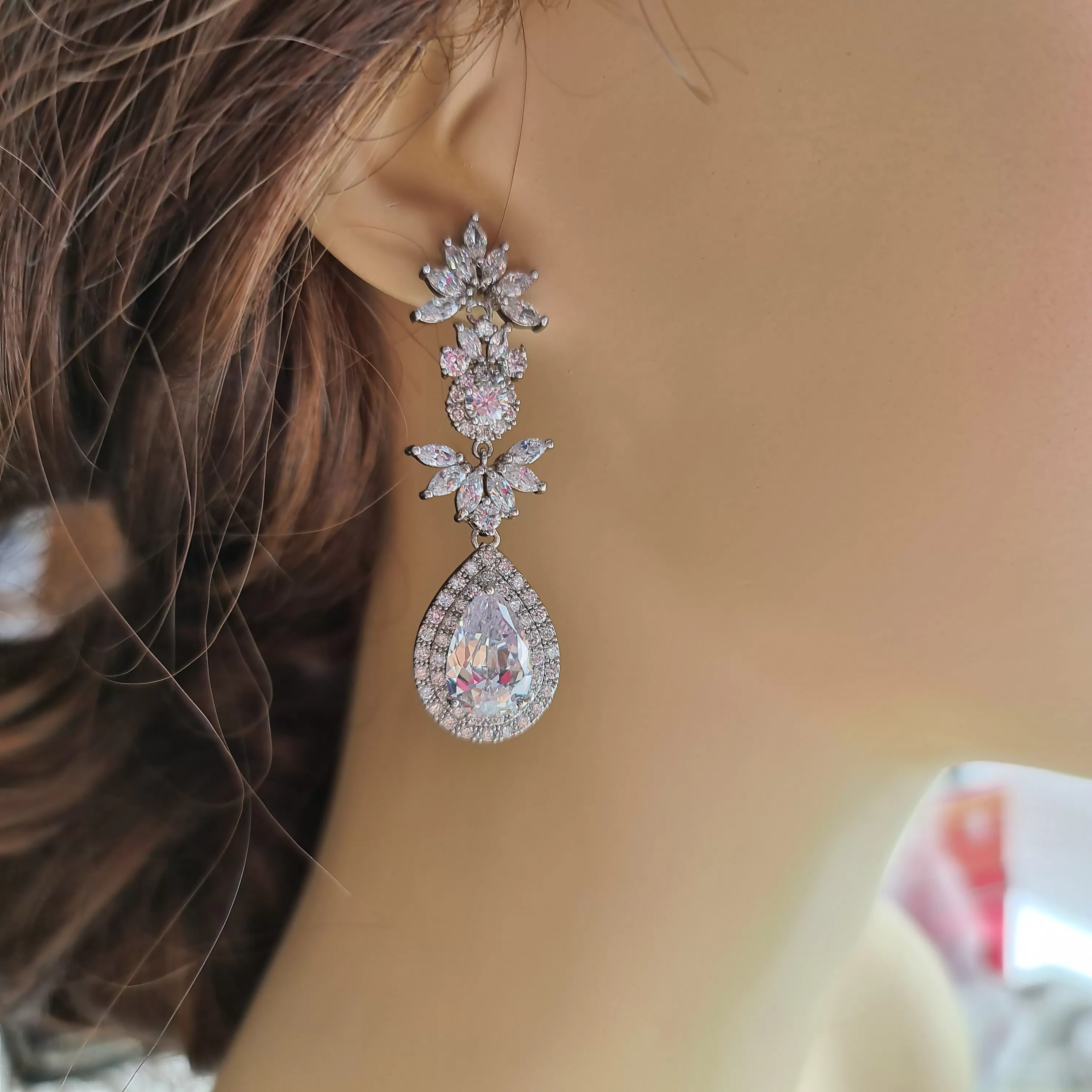 Cubic Zirconia Drop Bridal Earrings- Alya