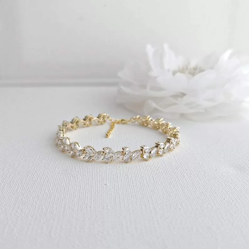 Cubic Zirconia Leaf Tennis Bridal Bracelet-Debra