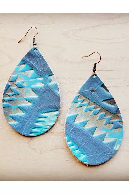 Cyan Aztec Leather Teardrop Earrings