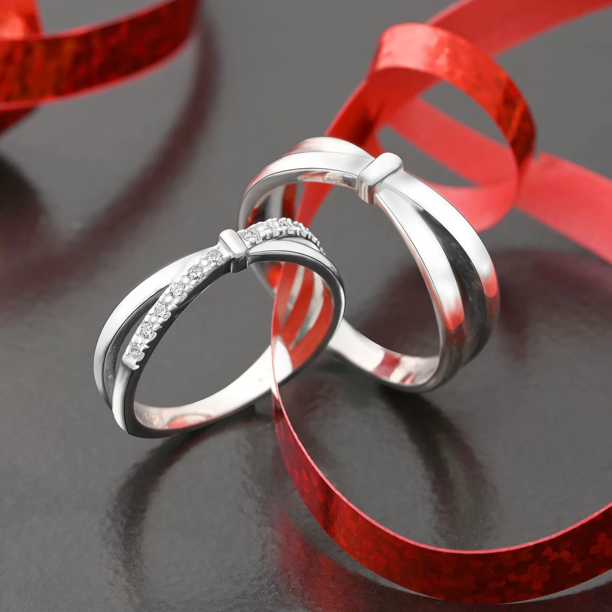 CZ Enchanted Bow Silver Couple Promise Rings Set