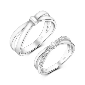 CZ Enchanted Bow Silver Couple Promise Rings Set