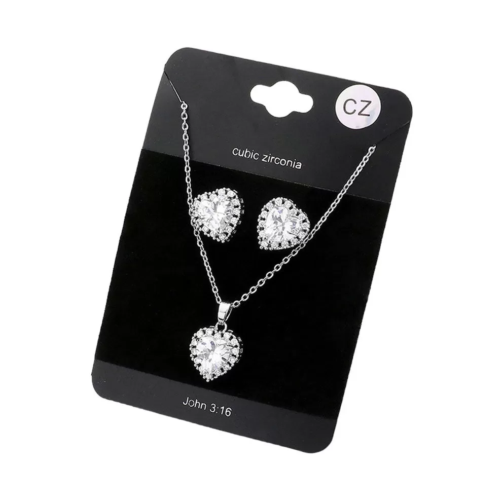 CZ Heart Pendant Necklace Earring Set