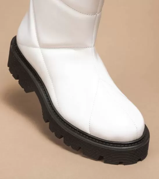 DAMU Quilted Patent Vegan Bootie White