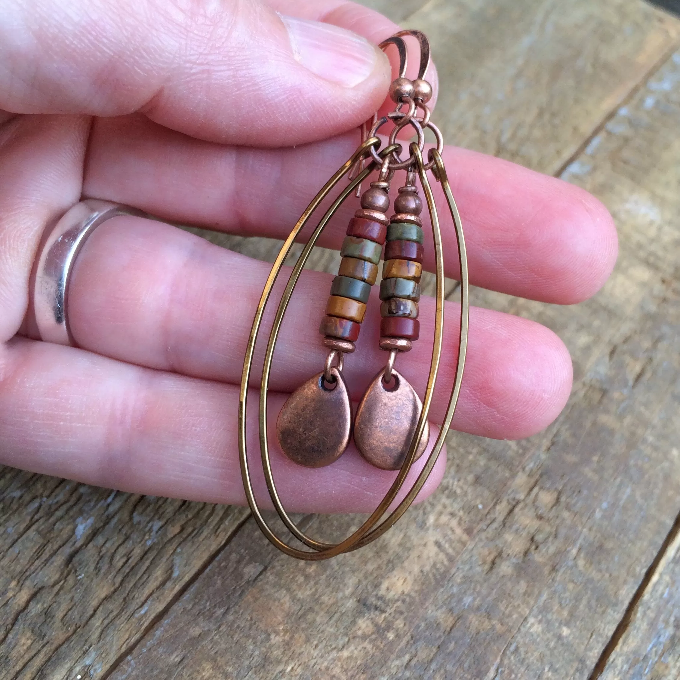 Dangle Boho Earrings, Copper Hoop Earrings, Red Creek Jasper Stone Jewelry, Jasper Earrings, Teardrop Dangle Earrings, Earthy Stone Jewelry