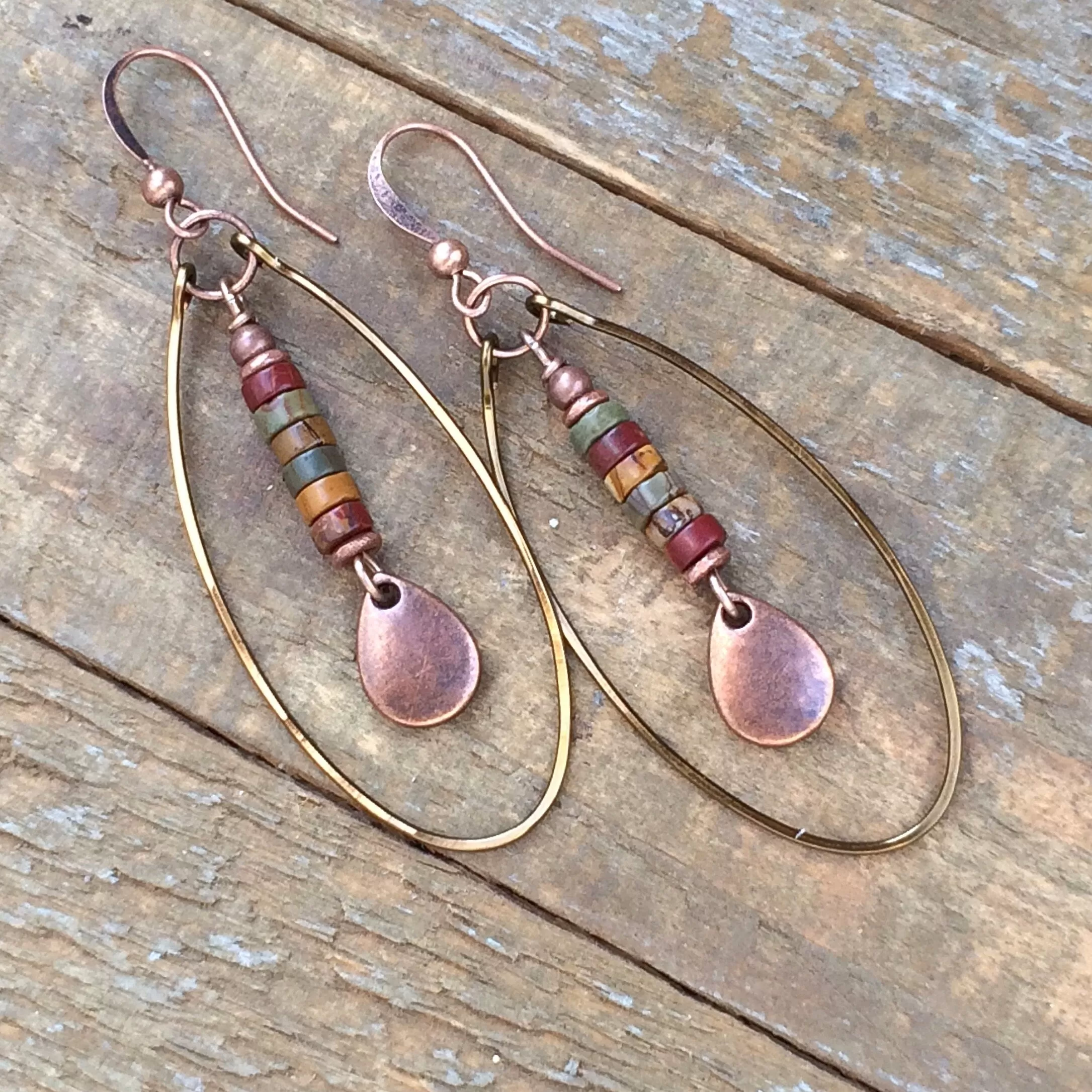 Dangle Boho Earrings, Copper Hoop Earrings, Red Creek Jasper Stone Jewelry, Jasper Earrings, Teardrop Dangle Earrings, Earthy Stone Jewelry