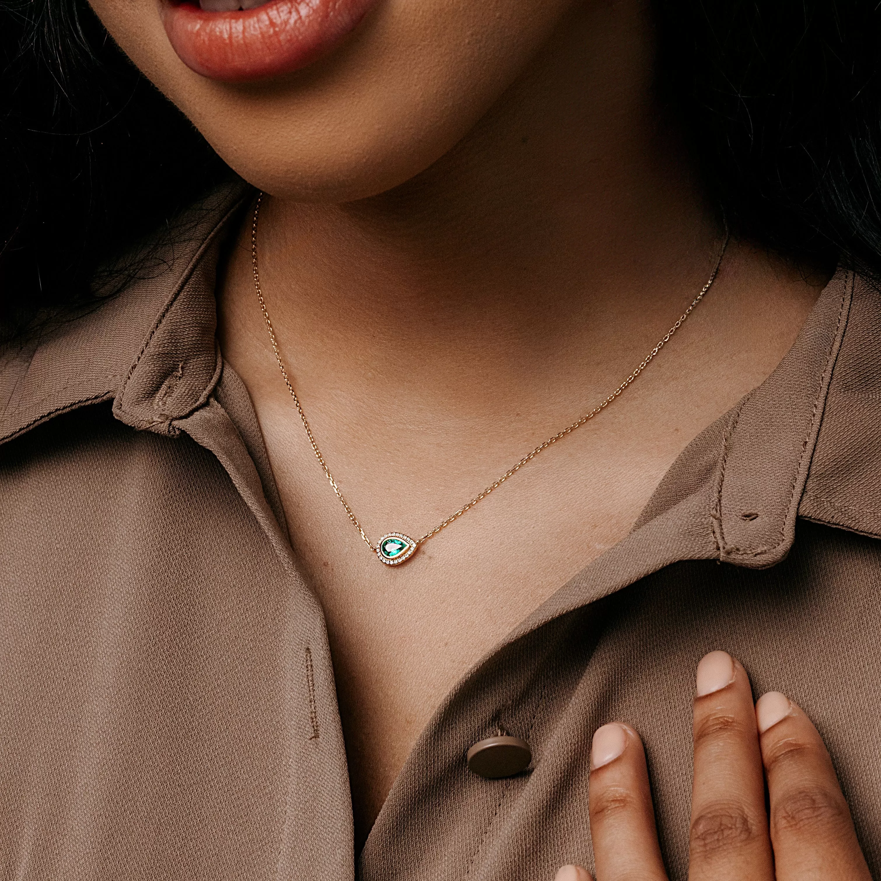 East-West Pear Shaped Emerald & Diamond Necklace