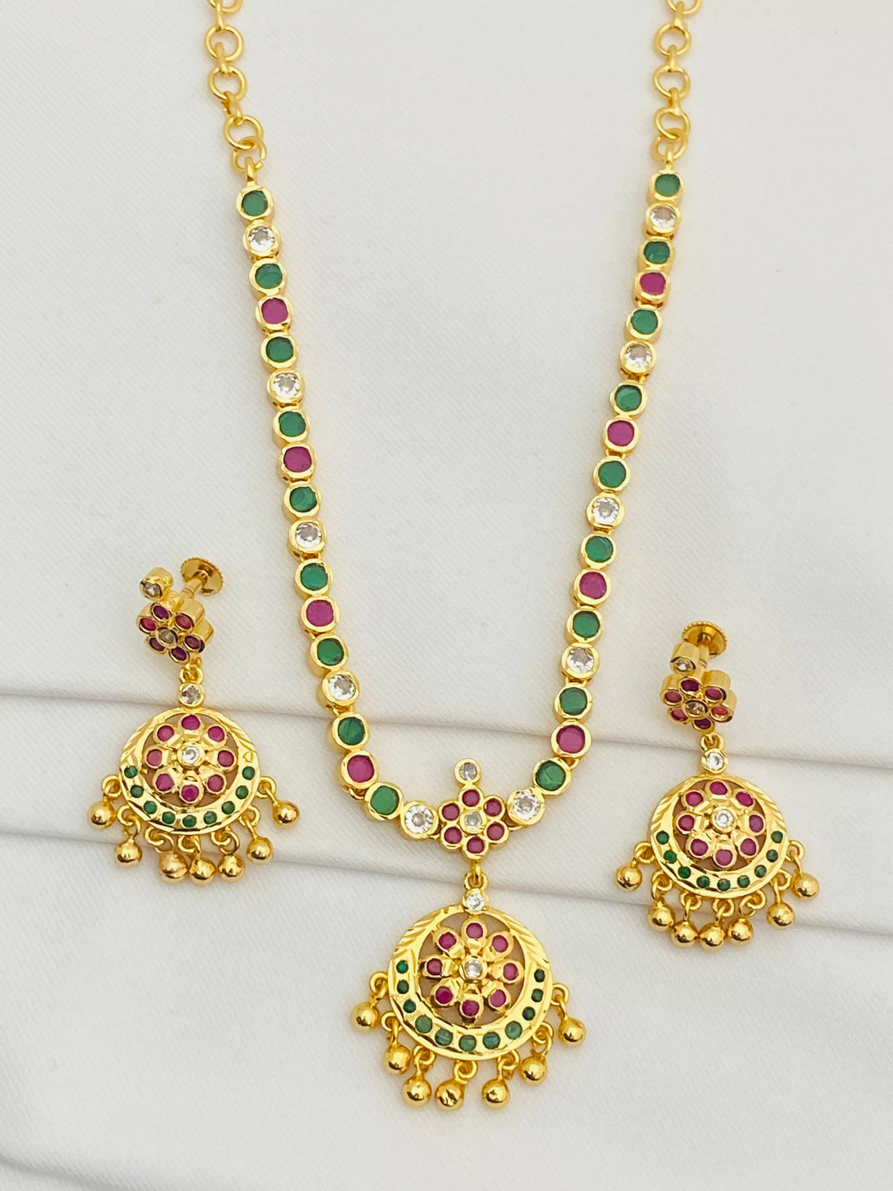 Elegant Gold Plated Multi Color Stoned Necklace With Earrings Sets