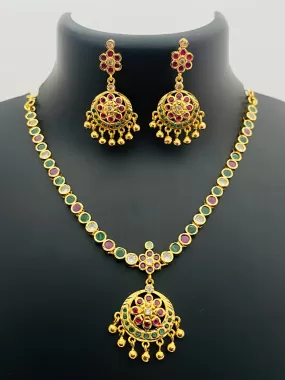 Elegant Gold Plated Multi Color Stoned Necklace With Earrings Sets