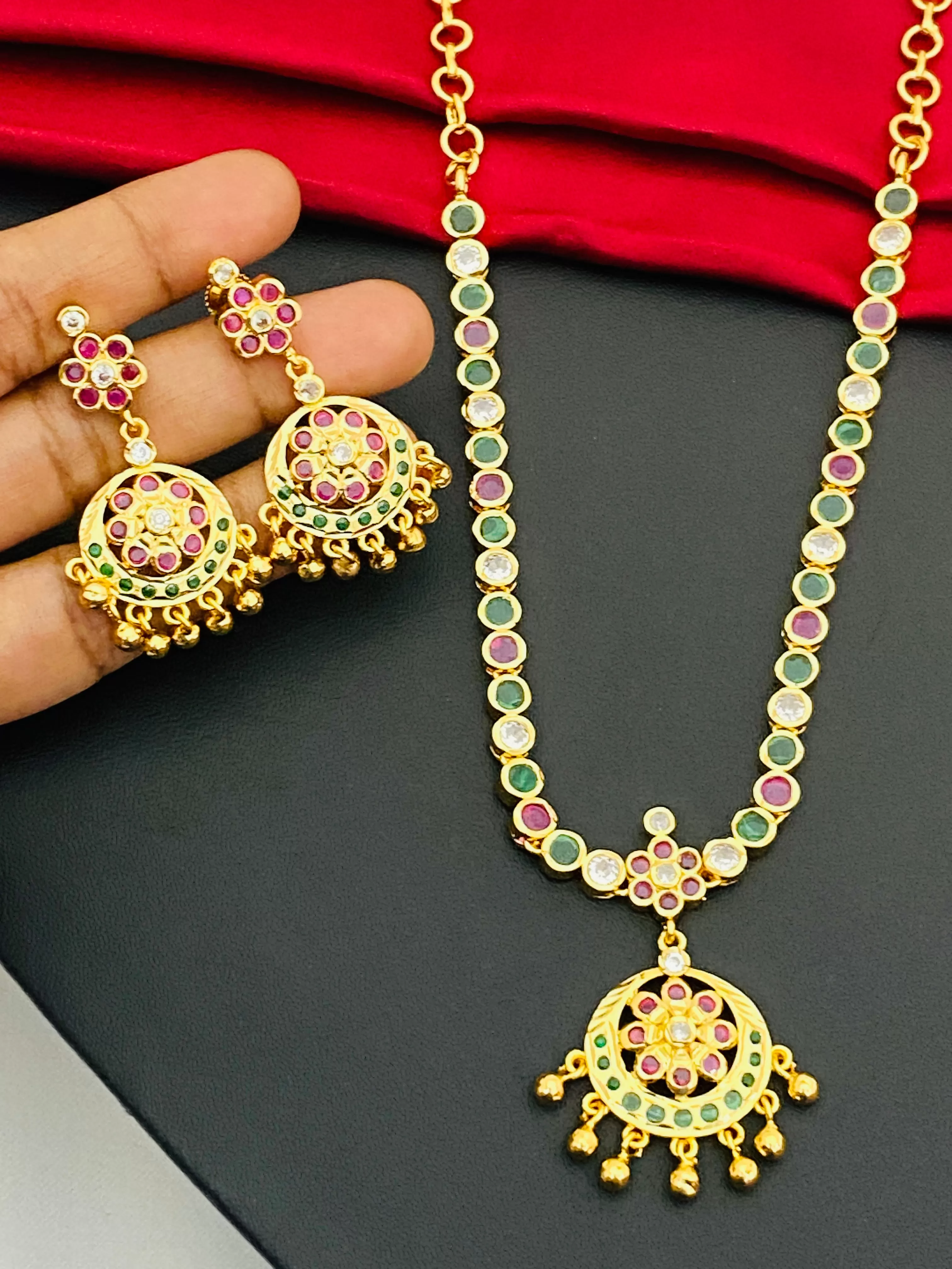 Elegant Gold Plated Multi Color Stoned Necklace With Earrings Sets