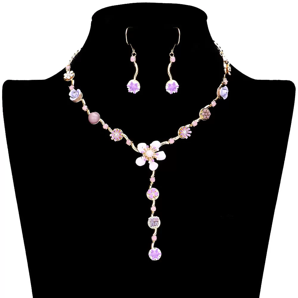 Enamel Flower Stone Embellished Y Choker Jewelry Set