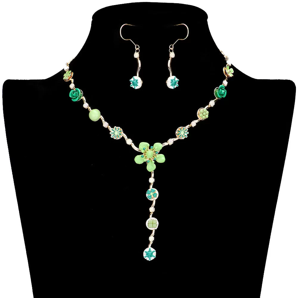 Enamel Flower Stone Embellished Y Choker Jewelry Set