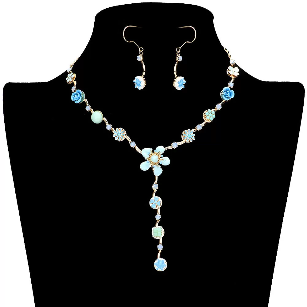 Enamel Flower Stone Embellished Y Choker Jewelry Set