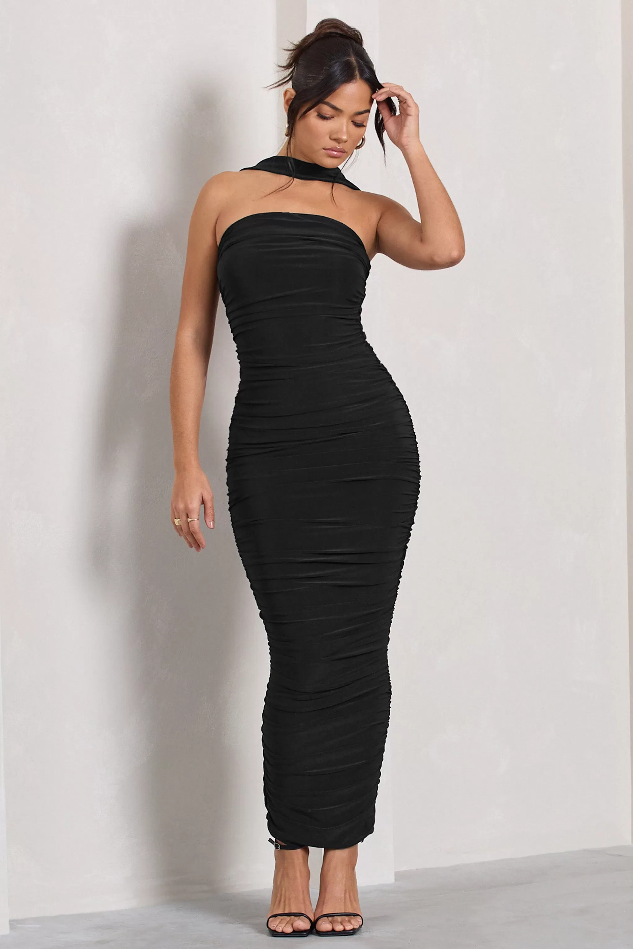 Entranced | Black Ruched Bandeau Maxi Dress With Halter Collar