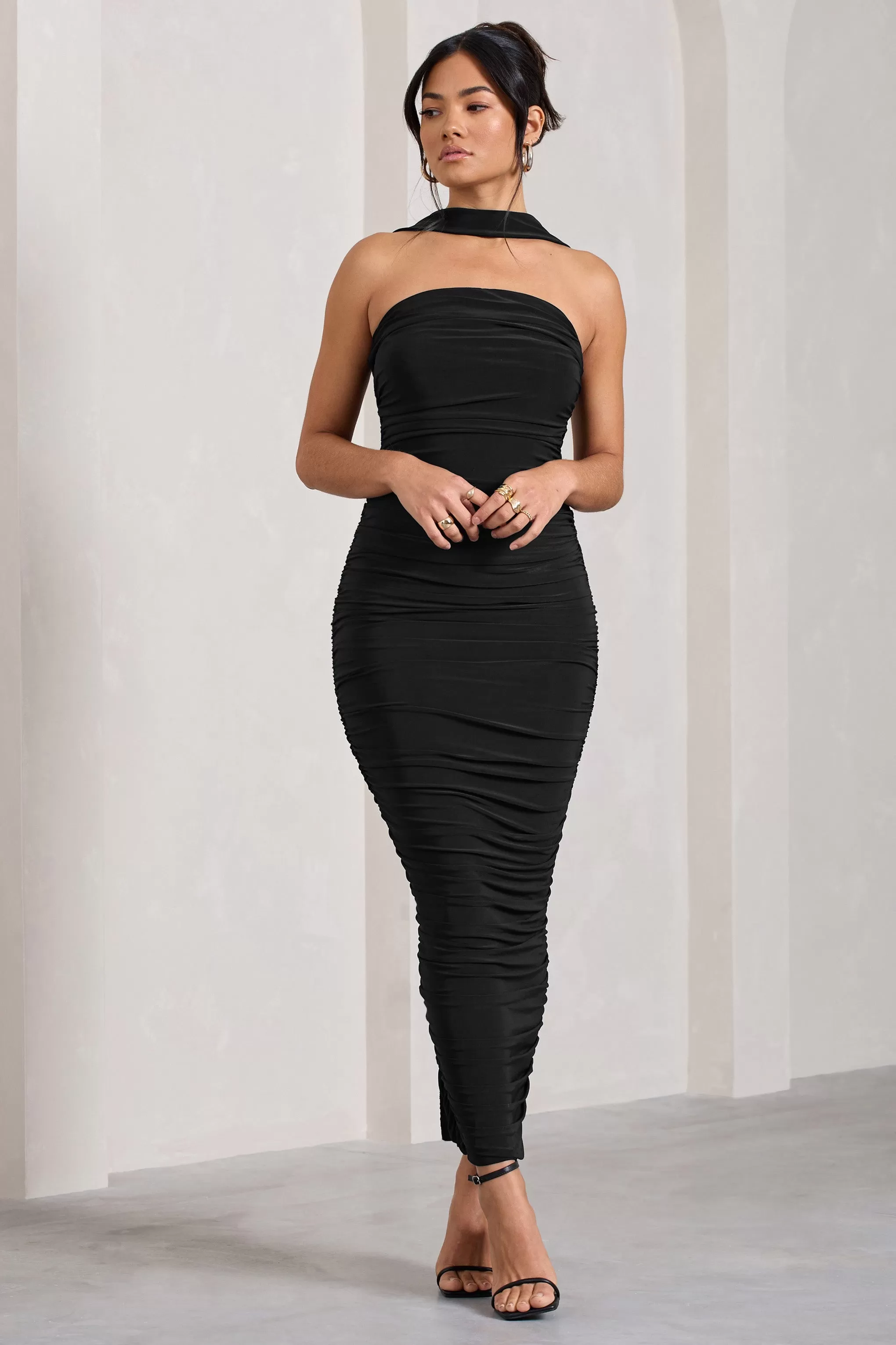 Entranced | Black Ruched Bandeau Maxi Dress With Halter Collar