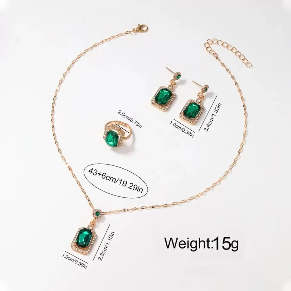 Fashion and Exquisite Rectangular Green Jewelry Necklace Earrings Ring S4405022