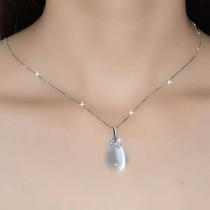 Fashion Water Drop Shaped Cat Eye Stone Necklace - 925 Sterling Silver