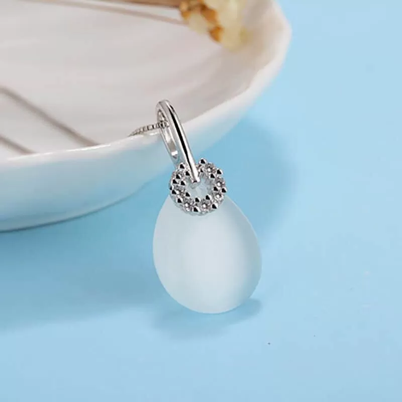 Fashion Water Drop Shaped Cat Eye Stone Necklace - 925 Sterling Silver