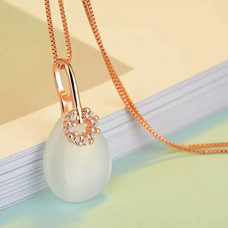 Fashion Water Drop Shaped Cat Eye Stone Necklace - 925 Sterling Silver