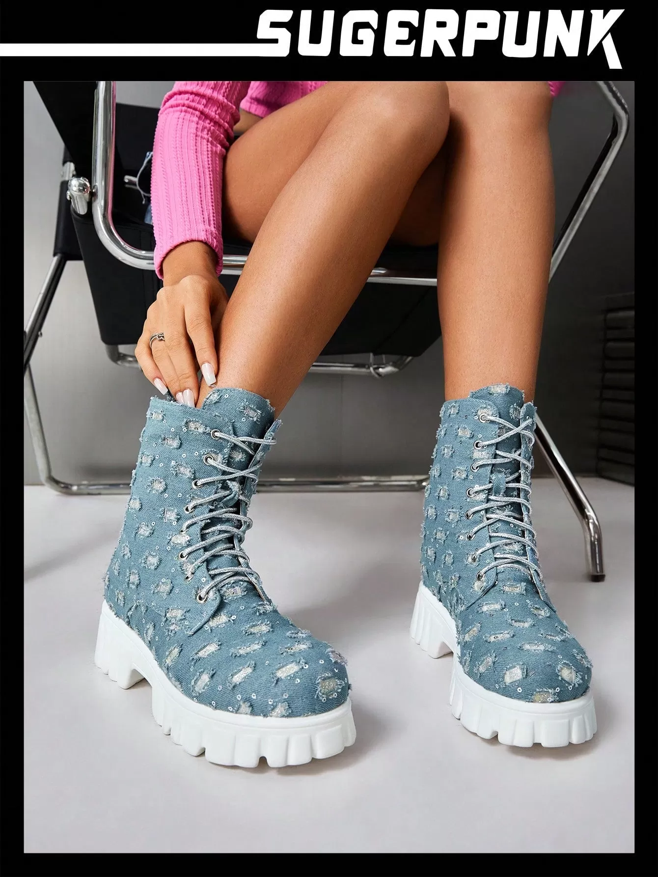 Fashionable Women's Sparkle & Denim Contrast Color Lace-up Platform Boots