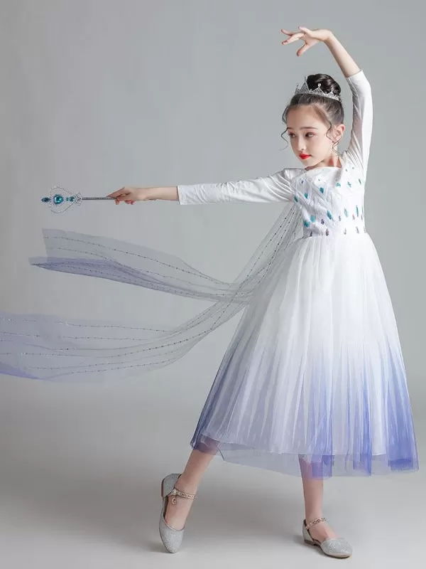 Flower Girl Dresses Polyester Long Sleeves Tea-Length Cotton Tulle Sequins Formal Kids Pageant Dresses