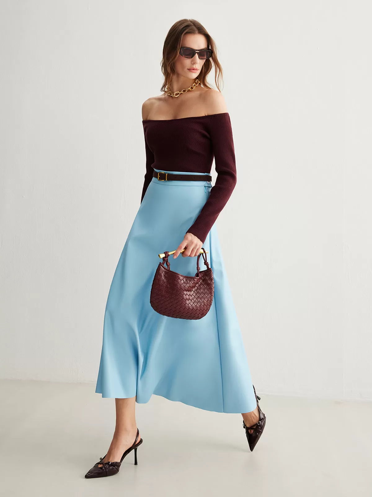 Flowy Zipper PU Leather Skirt Without Belt