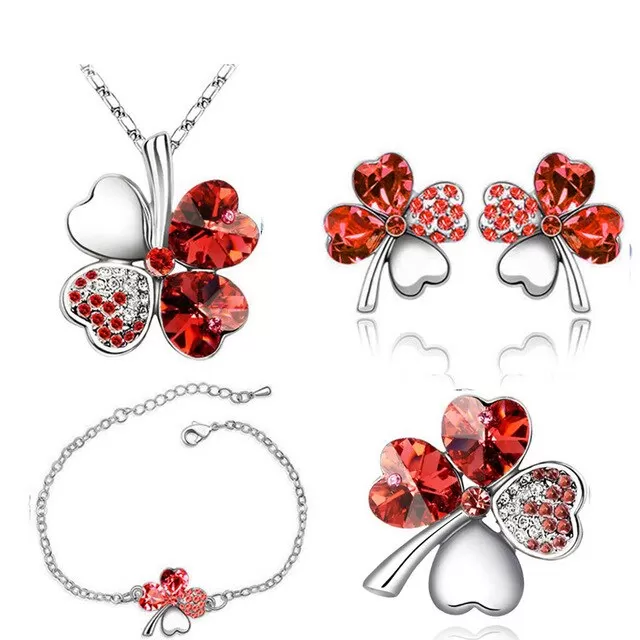 Four-Leaf Clover Crystal Heart Necklace, Bracelet, Earrings & Brooch Fashion Jewelry Set