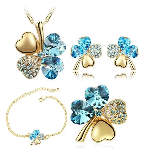 Four-Leaf Clover Crystal Heart Necklace, Bracelet, Earrings & Brooch Fashion Jewelry Set