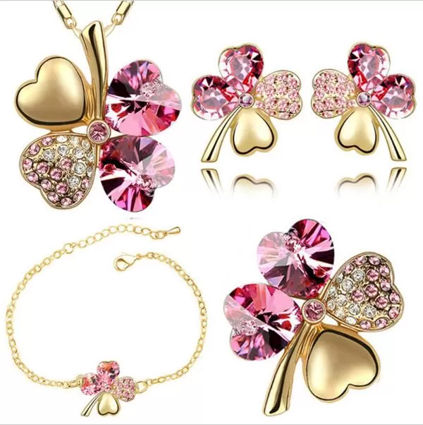 Four-Leaf Clover Crystal Heart Necklace, Bracelet, Earrings & Brooch Fashion Jewelry Set