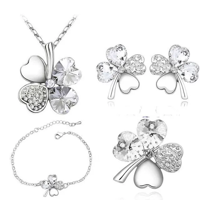 Four-Leaf Clover Crystal Heart Necklace, Bracelet, Earrings & Brooch Fashion Jewelry Set