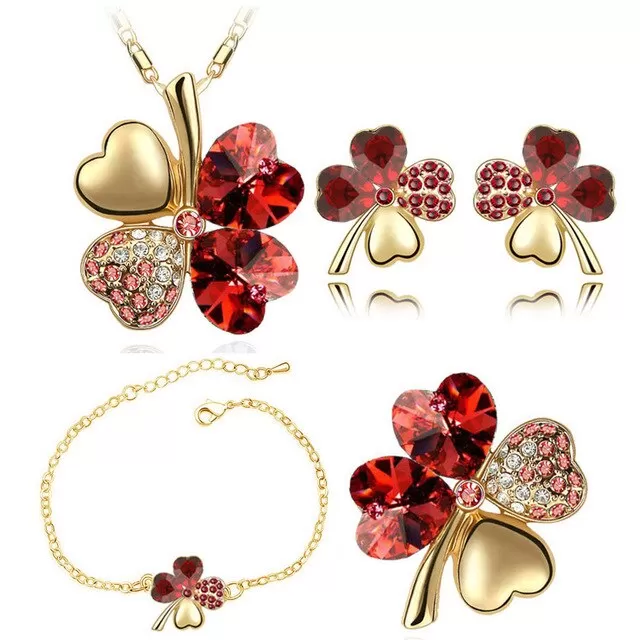 Four-Leaf Clover Crystal Heart Necklace, Bracelet, Earrings & Brooch Fashion Jewelry Set