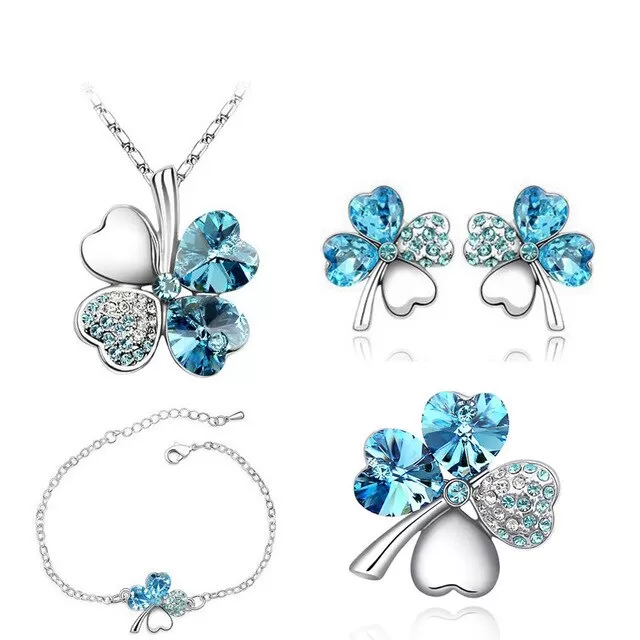 Four-Leaf Clover Crystal Heart Necklace, Bracelet, Earrings & Brooch Fashion Jewelry Set