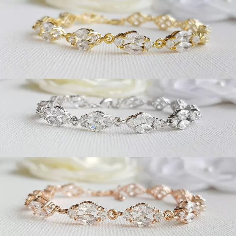 Gold Crystal Wedding Bracelet in Marquis Tennis Bracelet Style-Hayley