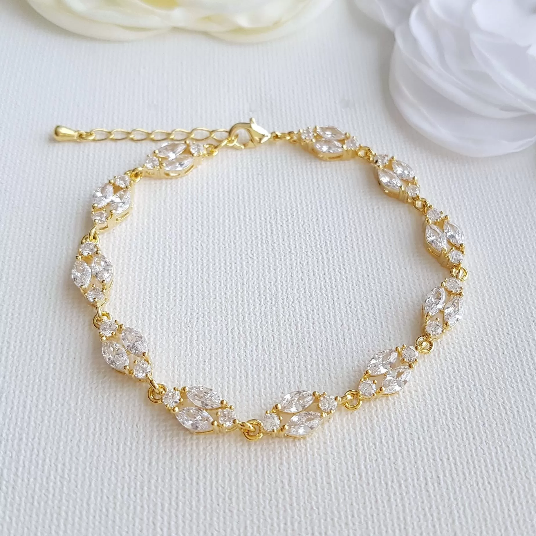 Gold Crystal Wedding Bracelet in Marquis Tennis Bracelet Style-Hayley