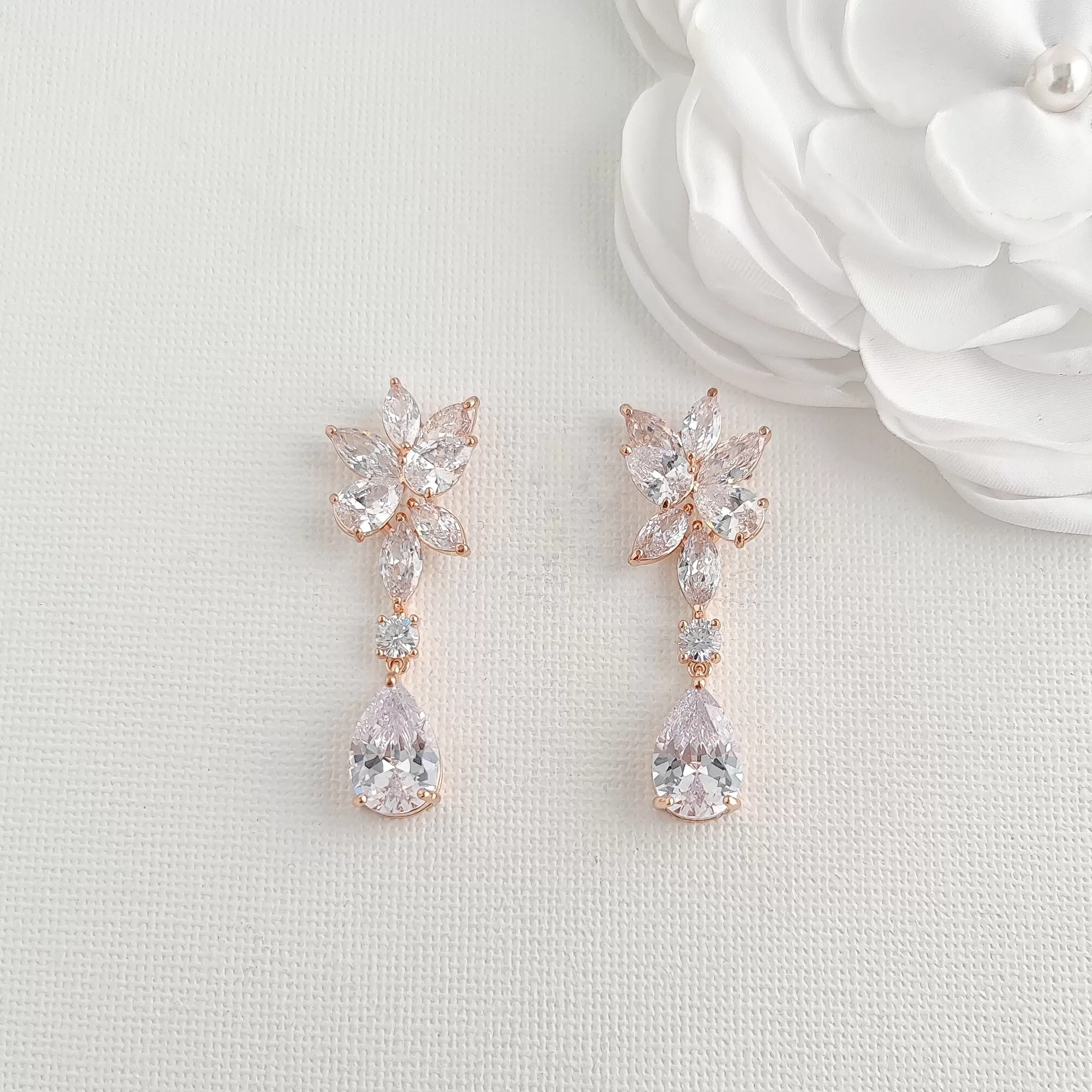 Gold Floral Bridal Earrings with Teardrops-Ivy