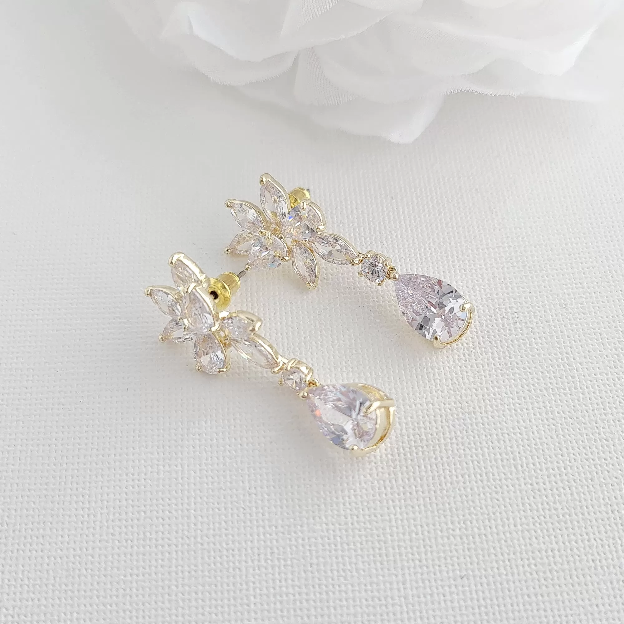 Gold Floral Bridal Earrings with Teardrops-Ivy