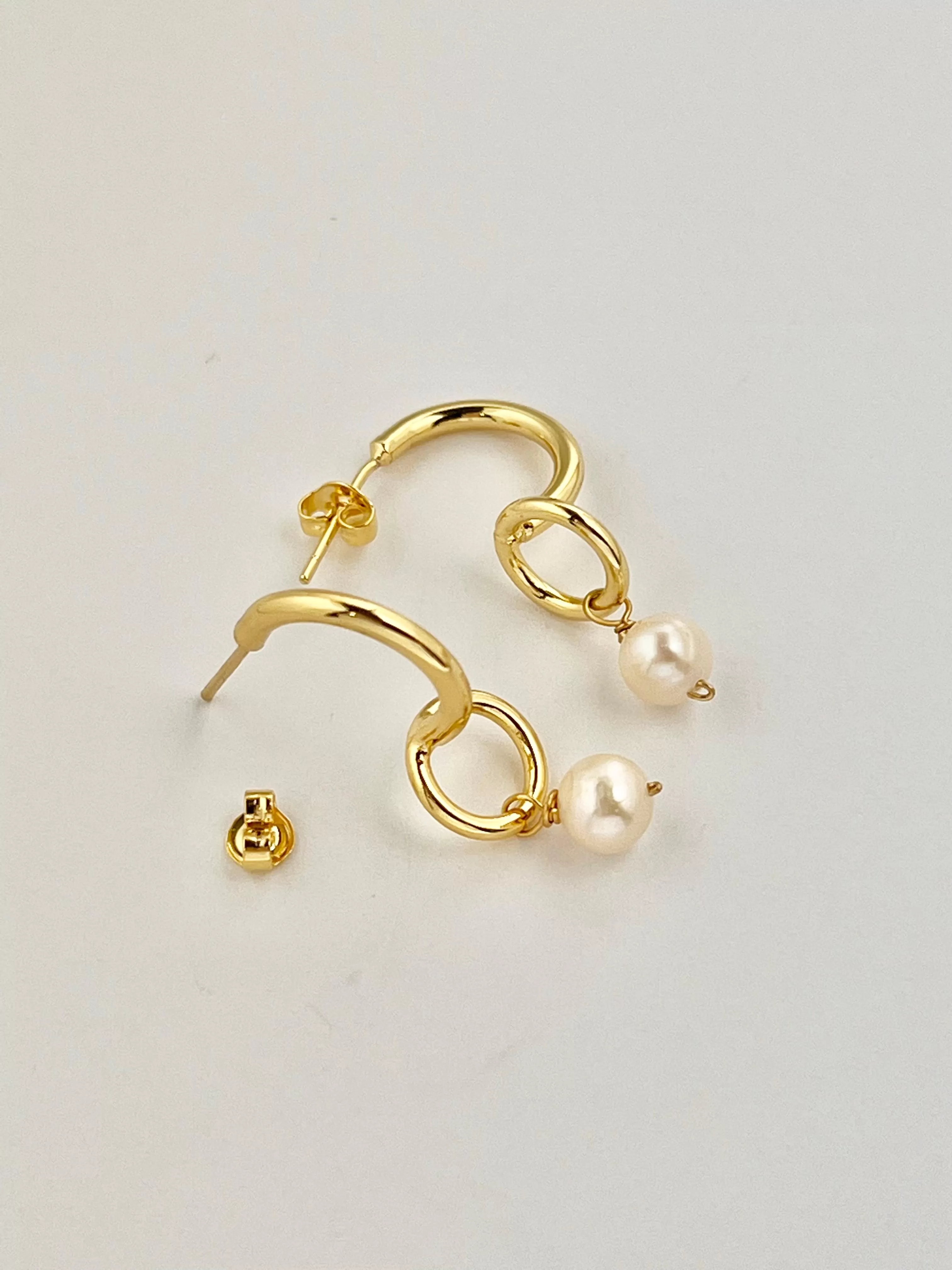 Gold Half Hoop Circle Pearl Earrings