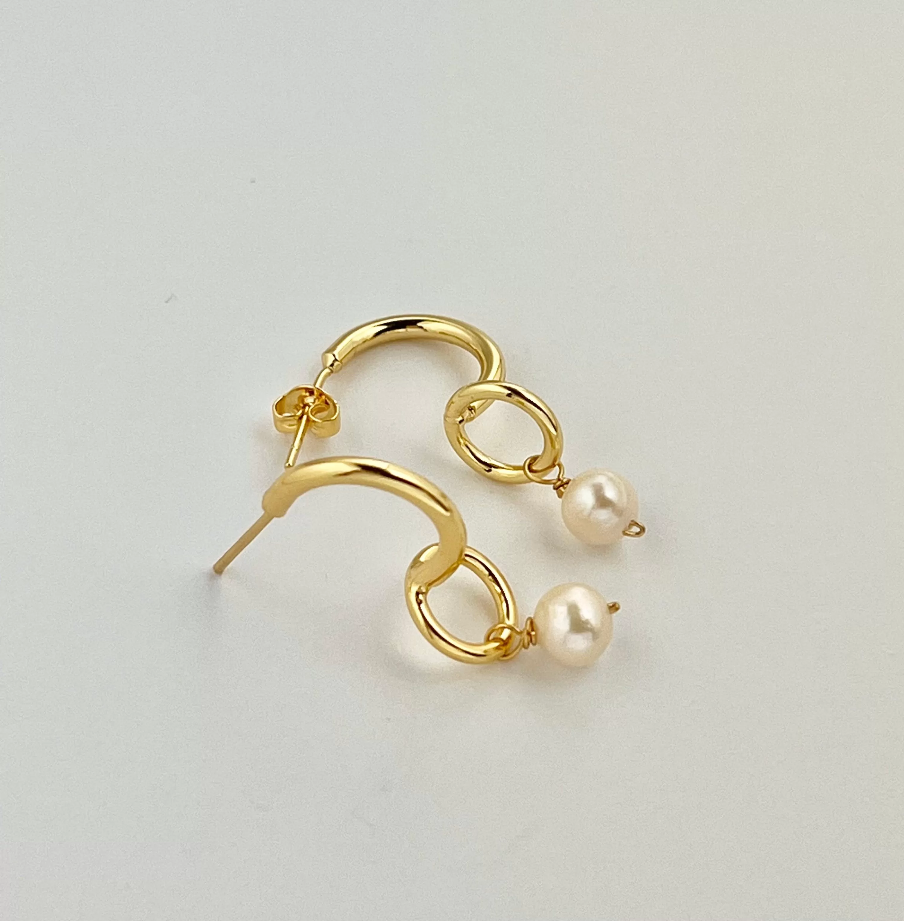 Gold Half Hoop Circle Pearl Earrings