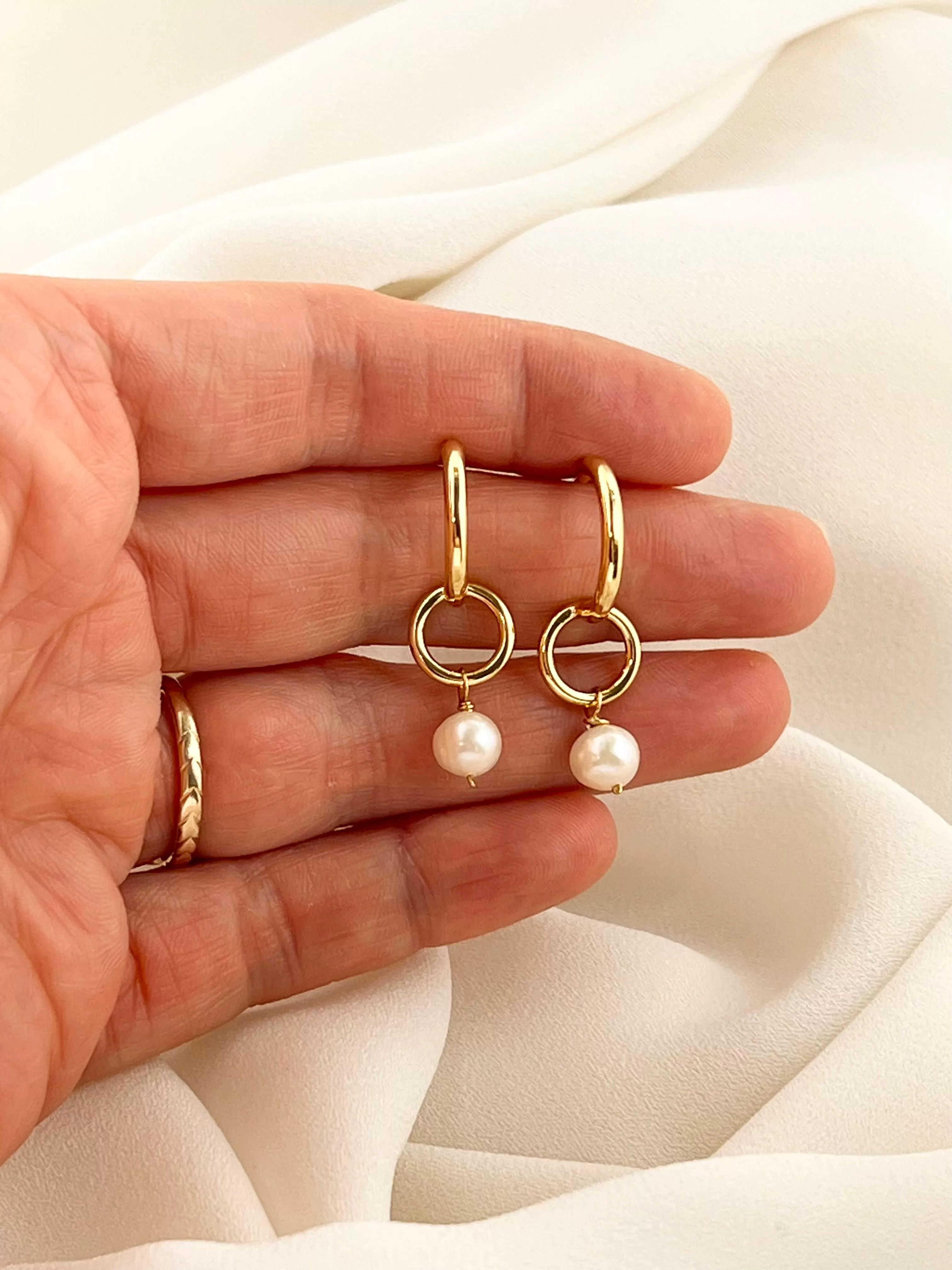 Gold Half Hoop Circle Pearl Earrings