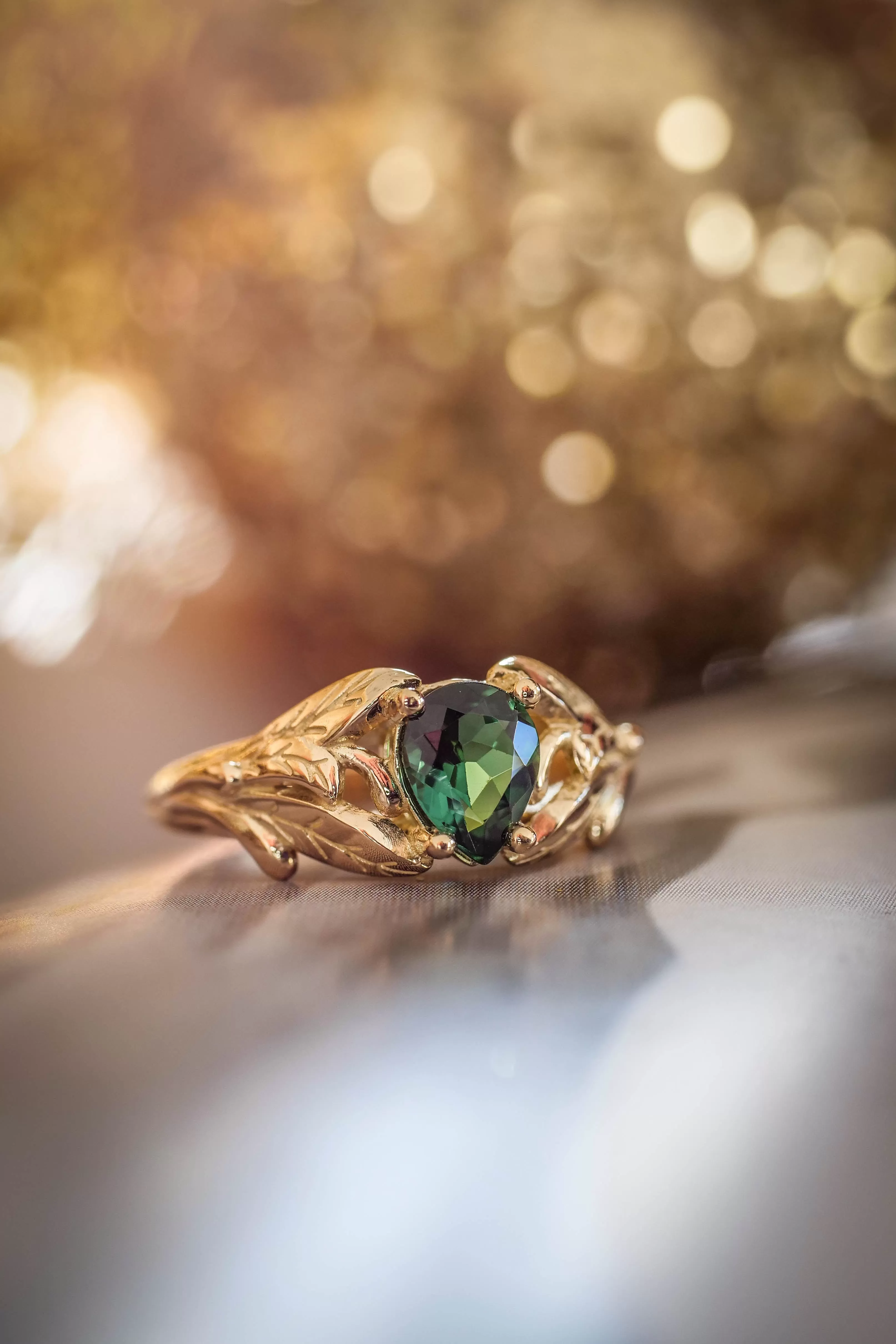 Gold leaf engagement ring with green tourmaline / Wisteria