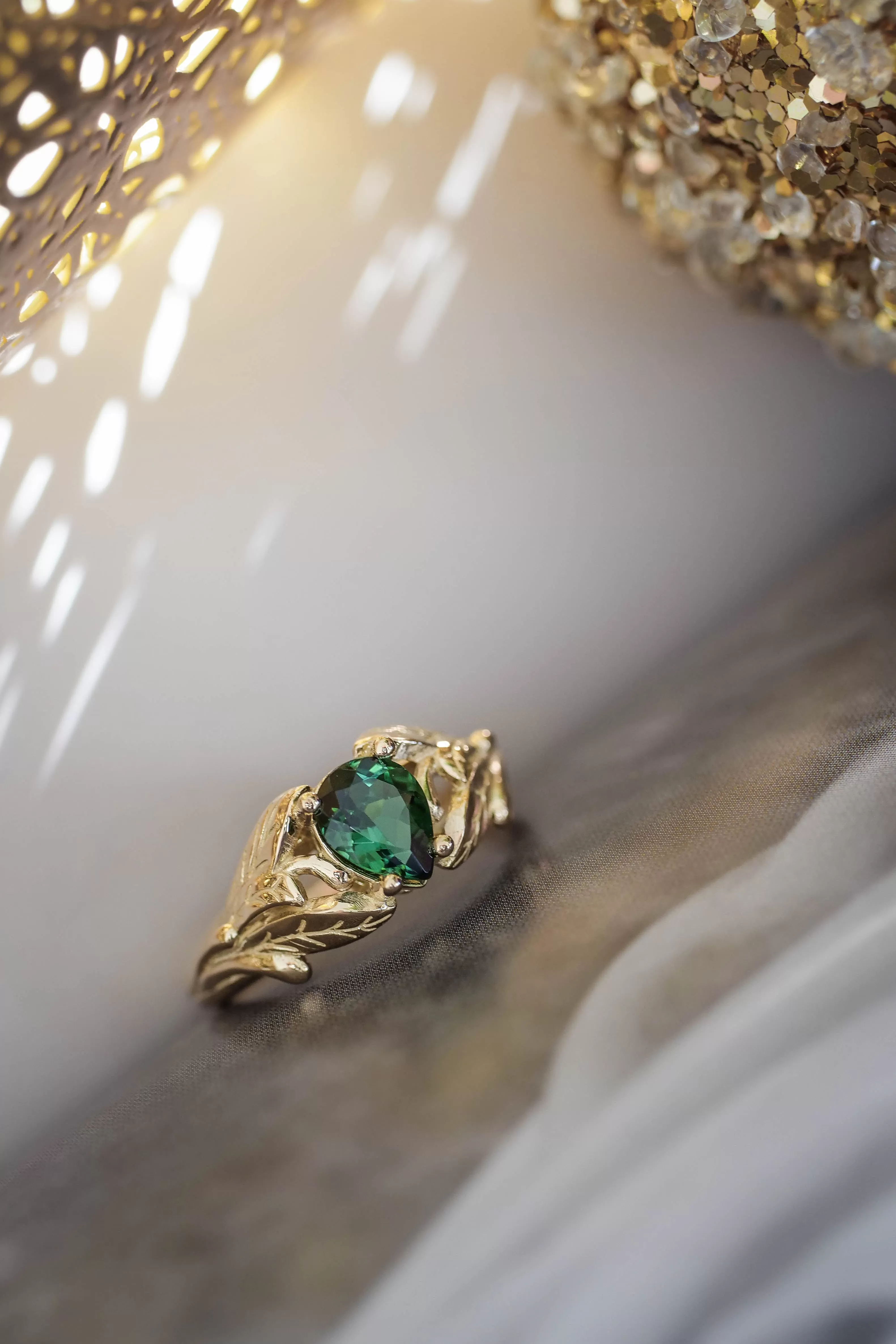 Gold leaf engagement ring with green tourmaline / Wisteria