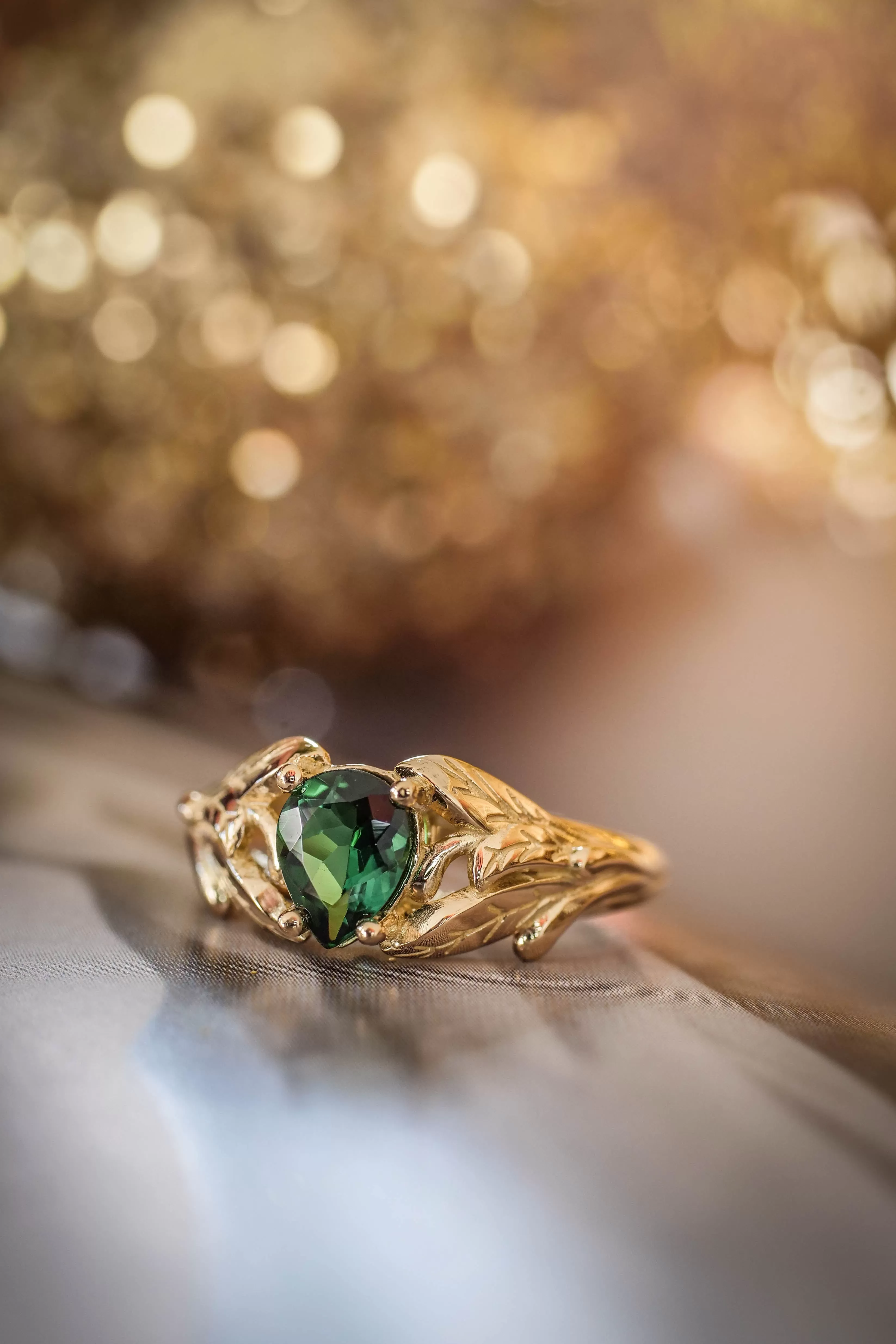 Gold leaf engagement ring with green tourmaline / Wisteria