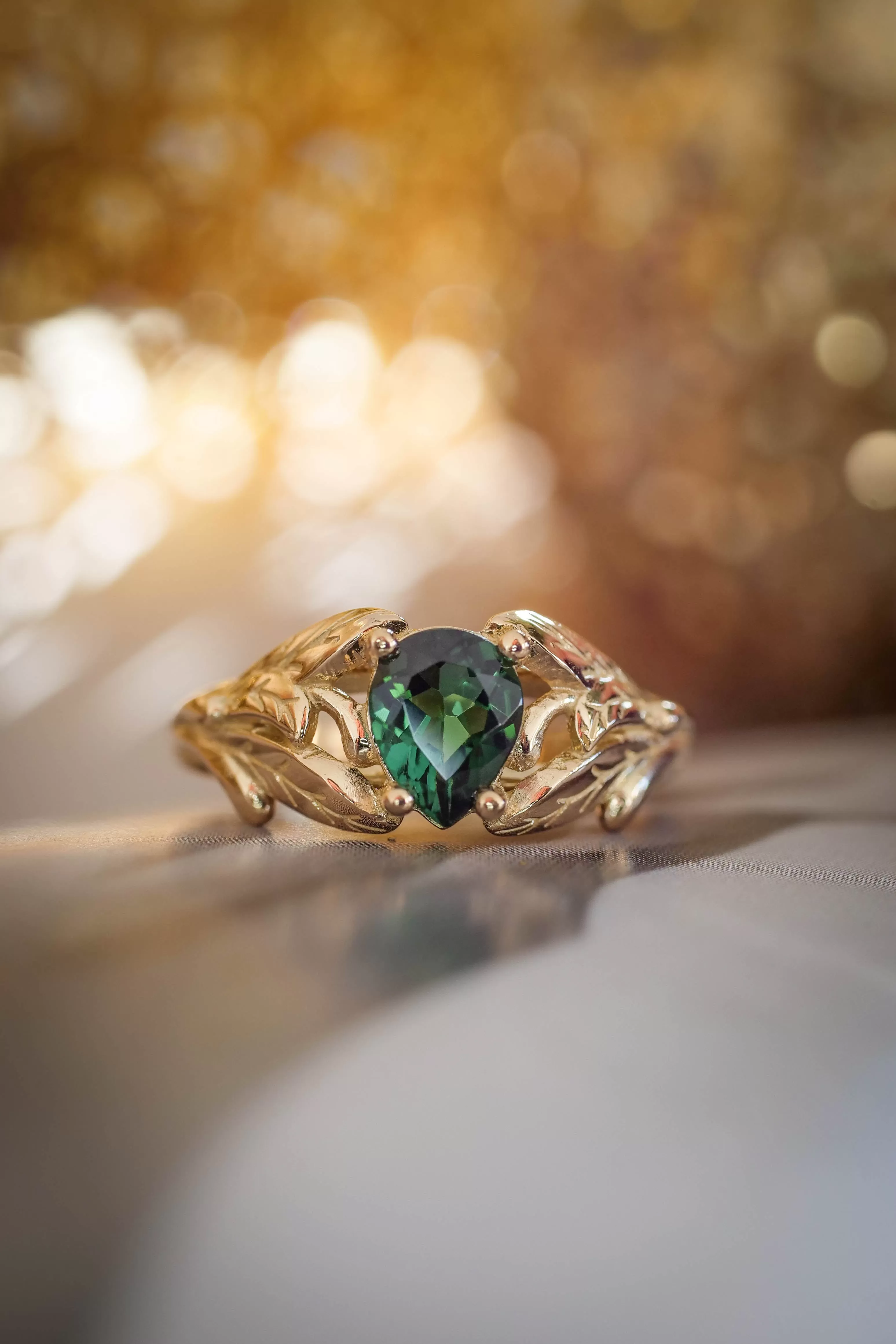 Gold leaf engagement ring with green tourmaline / Wisteria