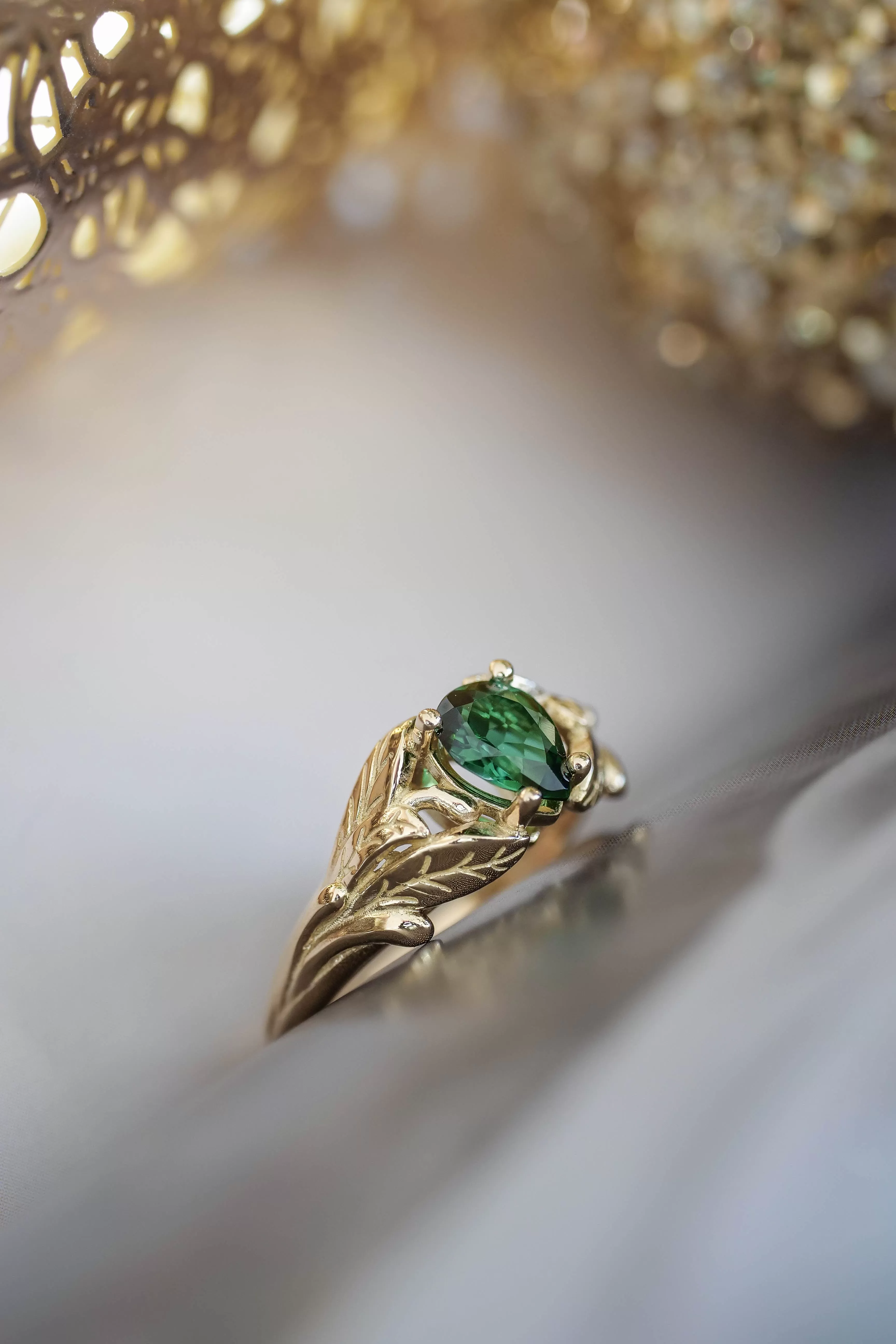 Gold leaf engagement ring with green tourmaline / Wisteria