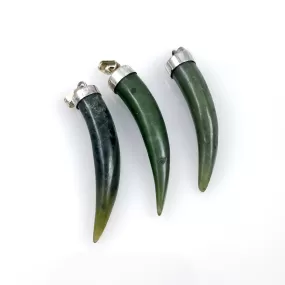 Green Jade Tusk Horn Pendants Silver Bails - Lucky Amulets